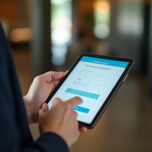 Responsabile hotel che compila modulo su tablet